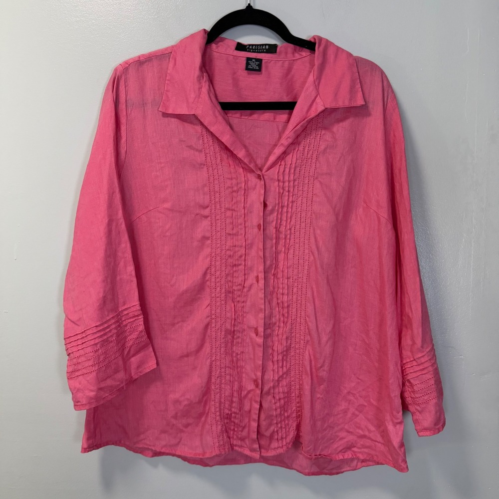 Parisian Signature Pink Linen Pintuck Button Down Shirt XL Vintage